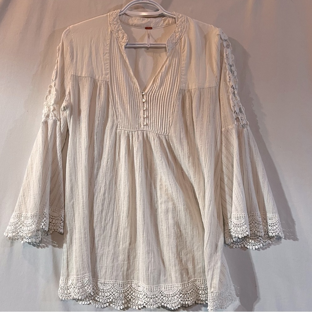 FREE PEOPLE Oversized Cream Bell Sleeve Boho Blouse Mandarin Collar Size XS,#464